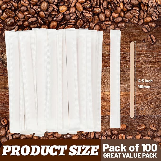 ANTETOK 100Pcs Wooden Coffee Stirrers Paper Wrapped 4.3Inch,Individually Wrapped Disposable Coffee Stir Sticks for Coffee,Tea,Cocktail and Hot Chocolate - Image 2