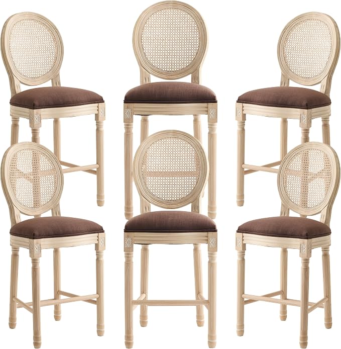 French Country Barstool, Linen Farmhouse Counter Height Chair | Set of 6, with Rattan Round Back and Solid Wood Legs, Oval Chairs for Restaurant, Bar, Kitchen, Café, Brown by RCDDFurniture