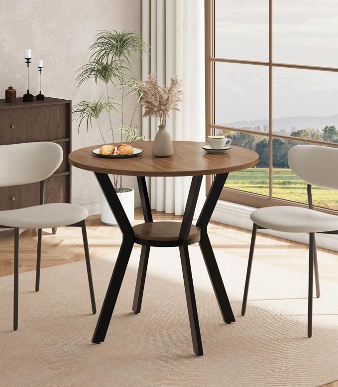 MECHYIN 31.5" Round Dining Table for 2-4, Farmhouse Small Kitchen Table with Storage, Space Saving Circle Table, Rustic Wood Dining Room Tables with Metal Legs for Kitchen, Dining Room, Apartment by MECHYIN