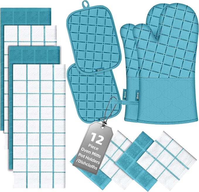 Oven Mitts Kitchen Towels and Dishcloths Pot Holders Sets, Oven Gloves Kitchen Dish Towels 500 Degree Heat Resistant Potholders with Non-Slip Silicone Surface for Cooking, Grilling, Baking-Blue by BSKSSK