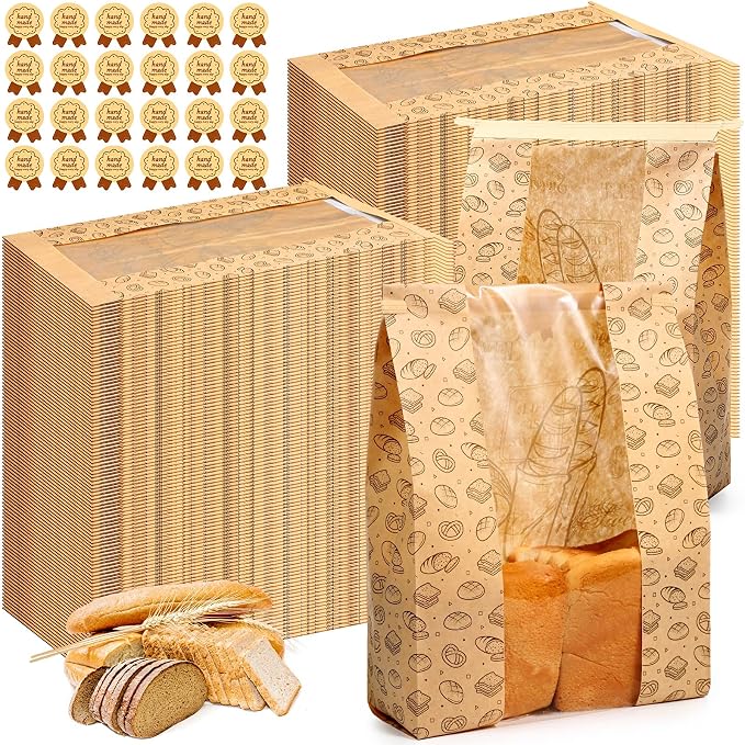 Feifeiya 600 Pack Kraft Paper Bread Bags for Homemade Sourdough Bread Bag with Clear Window 13.7 x 8.2 x 3.5 Large Bakery Packaging for Treat Storage Gift Giving with Seal Sticker by Feifeiya