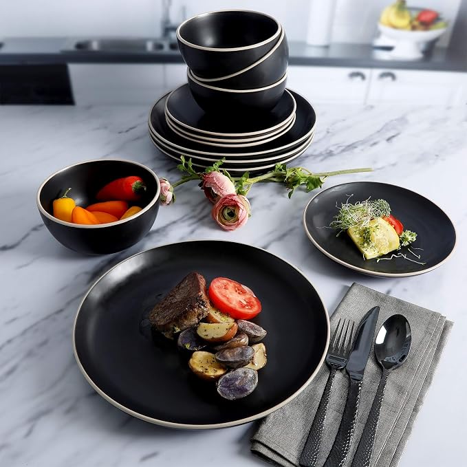 Gibson Home Rockaway 12-Piece Stoneware Dinnerware Set, Service for 4 – Modern Round Plates and Bowls, Dishwasher & Microwave Safe, Black - Image 5