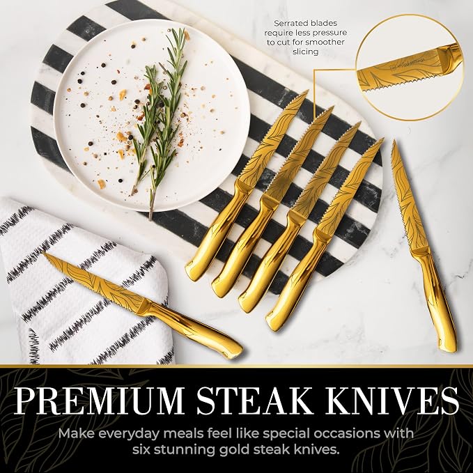 Styled Settings Gold Knives with Etched Leaves Pattern and Sharpener Block | 14-Piece Gold Titanium-Coated Blades with Beautiful Pattern, Ultra-Sharp Stainless Steel, & Stylish Kitchen Knife Block Set - Image 5