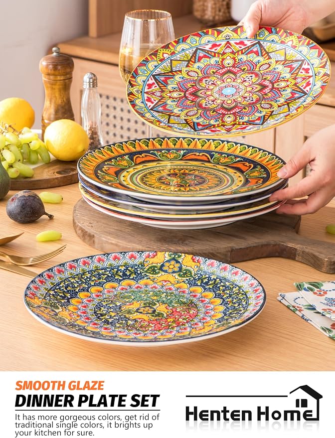 Henten Home Dinner Plates Set of 6, 10.5 Inch Porcelain Plate, Colorful Bohemian Serving Dishes for Kitchen, Pasta, Salad, Decorative, Microwave & Dishwasher Safe - Image 3