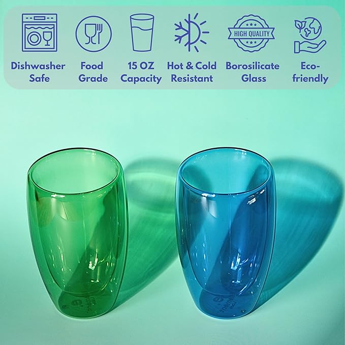 Double Wall Glassware 15oz Insulated Borosilicate Mug for Coffee Tasting Seasonal Brews Home Café Cozy Nights Holiday Gifts in Ocean Blue/Botanic Green