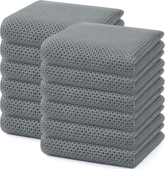 Homaxy 100% Cotton Waffle Weave Kitchen Dish Towels 12-Pack, Grey | 13 x 28 Inches, Ultra Soft Absorbent Dish Towels, Quick Drying Cleaning Towels by Homaxy