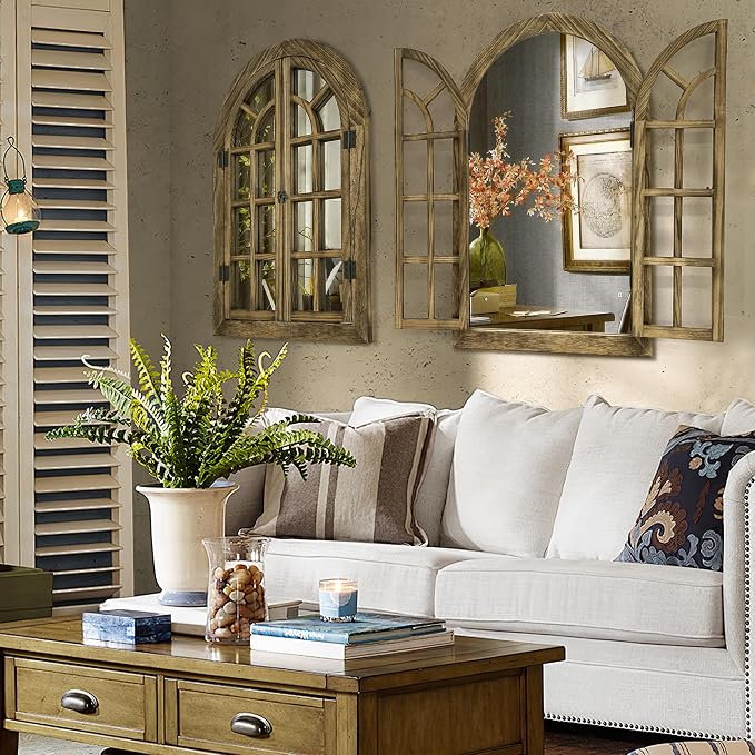 Window Mirrors for Wall Decor -Arched Wall Mirror Farmhouse Wall Decor Wood Frame Decorative Wall Mirrors Like Window for Bedroom, Living Room, Entrance, Dining Room - Image 3