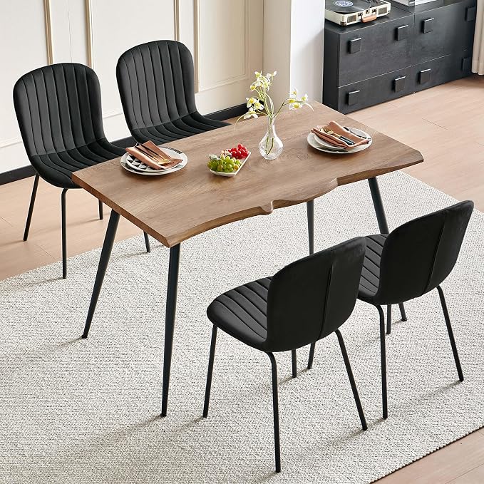 Rectangle Dining Table Set for 4 with Black Velvet Chairs | 5-Piece Mid-Century Modern Set, Irregular MDF Table, Wood Grain, Space-Saving for Small Spaces, Dining Rooms, Easy Assembly - Image 9