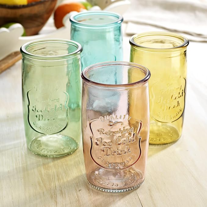 Glaver's Colored Glassware, Ice Cold Drinking Glasses Set of 4 – 18 Oz Vintage Glass Cups for Kitchen, Dining Table – Multi- Colors Glass Tumblers. Hand Wash. - Image 3
