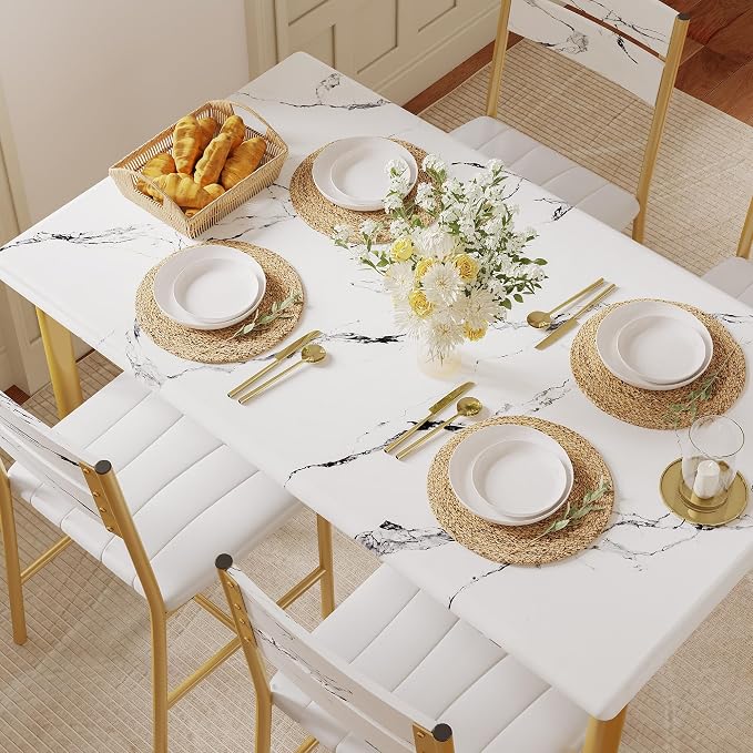 IRONCK Dining Table Set for 4, White & Gold | Wood Kitchen Table with Upholstered Chairs for Kitchen Room and Small Spaces - Image 4