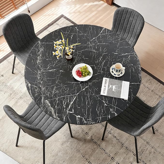 Dining Table Set for 4, 47 Inch Mid Century Modern Faux Marble Round Kitchen Table and Chairs, Space-Saving Small Dinette Set (Black Table+4 Grey Chairs) - Image 6