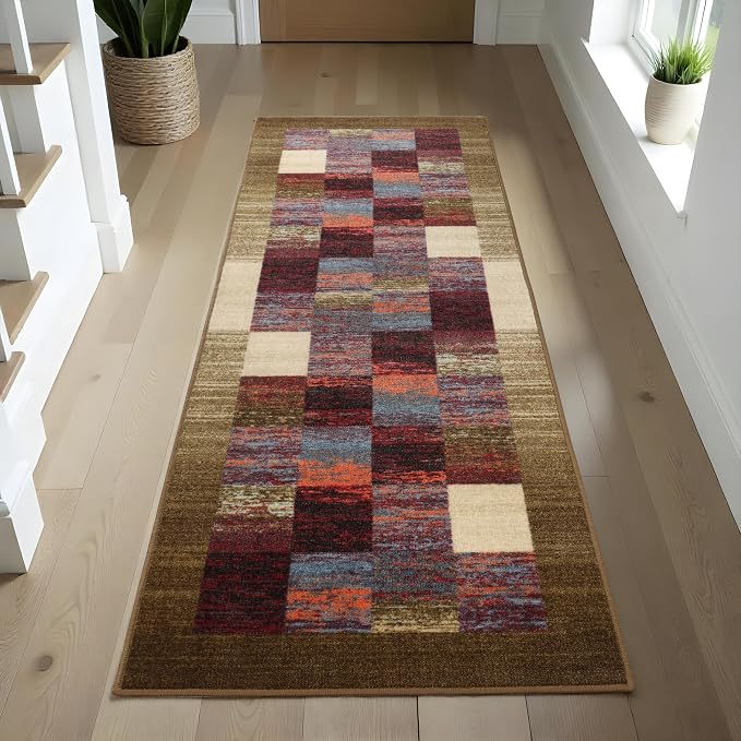 Superior Indoor Non-Slip Runner Rug, Rustic Floor Decor, Color Block Rug for Living Room, Bedroom, Office, Kitchen, Dining, Washable Rugs, Foam Back, Lockwood Collection, 2' 7" x 8', Brown-Burgundy - Image 2
