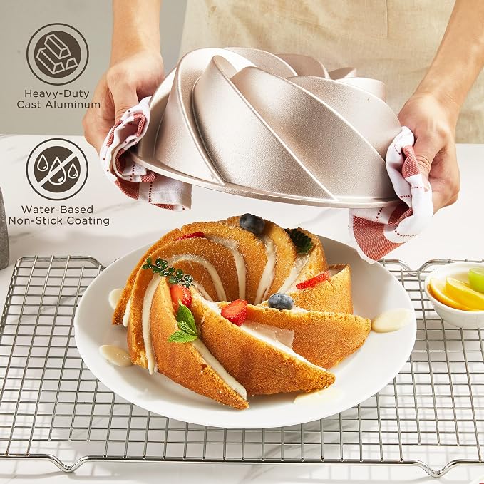 KITESSENSU Non-Stick Cake Pan, 9.5-Inch Aluminum Cake Mold, 8 Cup Fluted Heavy Duty Tube Pan, Durable Rust & Scratch-Resistant, Baking Mold for Jello, Gelatin, Chocoflan, Flan, Marissa, Gold - Image 4