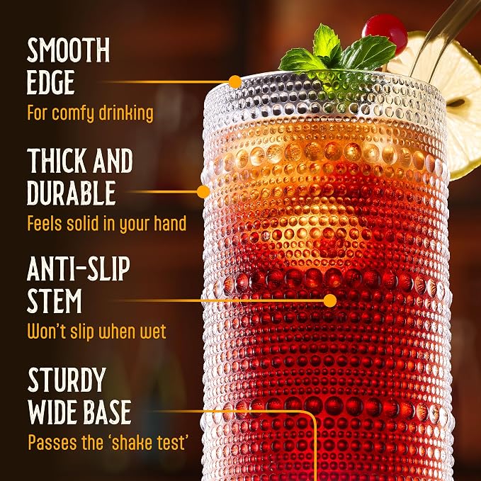 16 Oz Hobnail Drinking Glasses Set of 6 - Clear Multipurpose Glassware Sets, Decorative & Stylish Glasses Drinking Set for Bar, Kitchen, Cocktail Glassware, Garden - Home, Dining, & Kitchen - Image 5