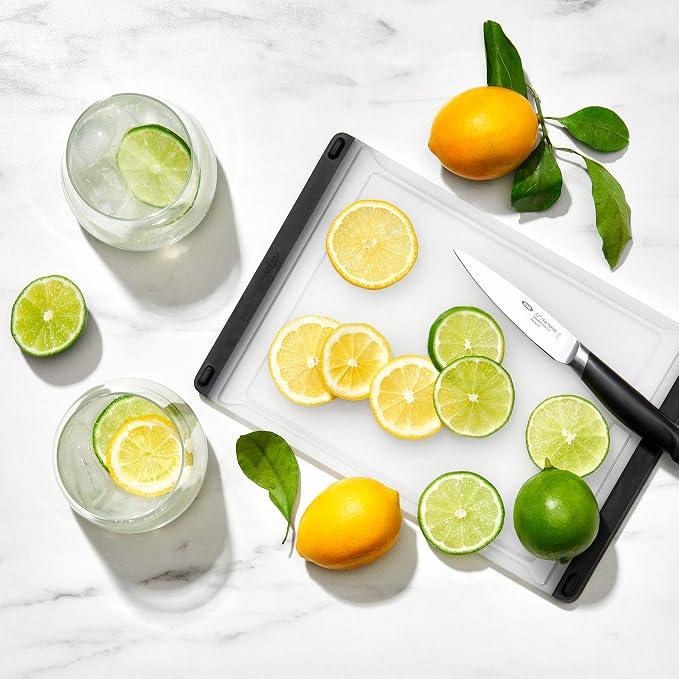 OXO Good Grips Plastic Prep Cutting Board | Compact size, double-sided surface, smooth edges for grabbing, drip catcher, non-slip feet - Image 7