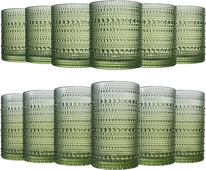 Khen Hobnail Beaded Highball Drinking Tumbler Glasses | Set of 12 | Color, Vintage Bubble Design Whiskey Glassware, Old-Fashioned, Embossed Design for Water Wine, Cocktail Embossed Heavy Glass (Green) by Khen