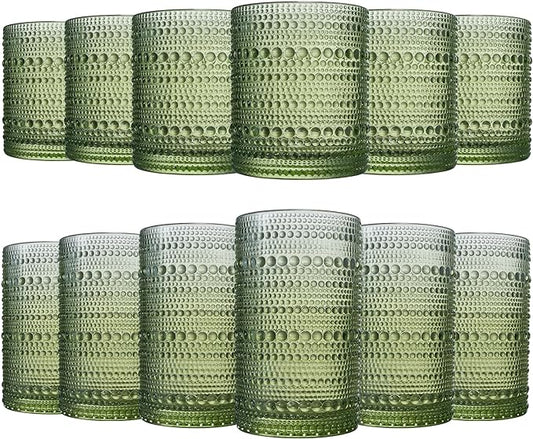 Khen Hobnail Beaded Highball Drinking Tumbler Glasses | Set of 12 | Color, Vintage Bubble Design Whiskey Glassware, Old-Fashioned, Embossed Design for Water Wine, Cocktail Embossed Heavy Glass (Green) by Khen