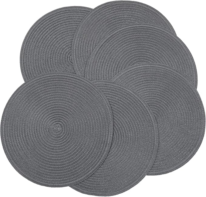 SHACOS Round Placemats Set of 6 Washable 15 inch Round Table Mats Cotton Polyester Woven Braided Place Mats for Dining Table (Charcoal Gray, 6) - Image 8