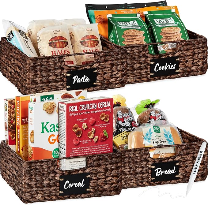 Best Choice Products Set of 4 13x12in Water Hyacinth Pantry Baskets, Woven Organizers w/Chalkboard Label, Chalk Marker - Brown by Unknown
