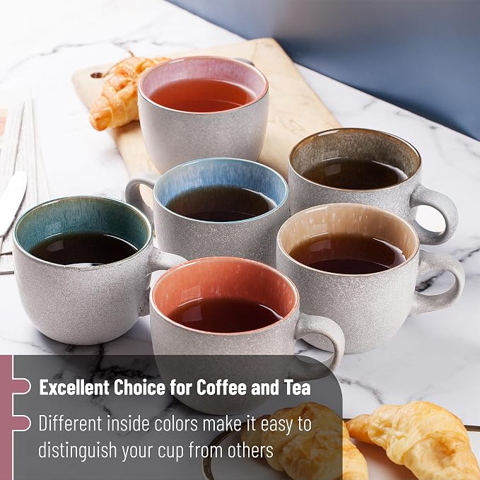 BTaT- Porcelain Coffee Mugs Set, 14 oz (415 ml), 6 Pack, Ceramic Coffee Mugs, Matte White Outside and Colorful Inside, Restaurant Cups for Tea, Cappuccino, Cocoa, Cereal, Mug Gift Set, Dishwasher Safe - Image 7