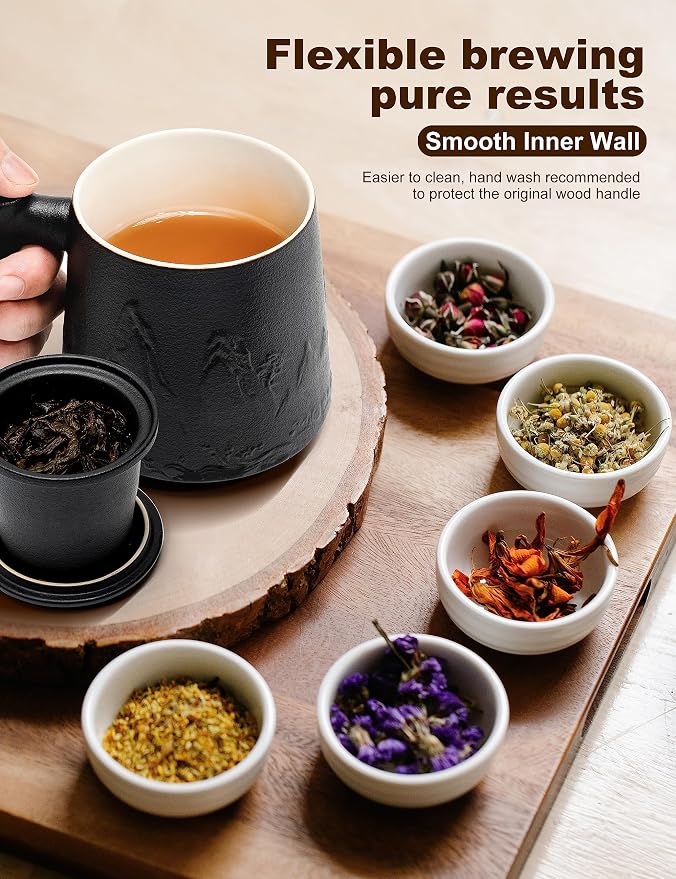 suyika Ceramic Tea Cup with Infuser and Lid, Gradient Embossed Large Tea Mug Wooden Handle for Steeping Loose Leaf, Tea Lover Gifts 15.2 oz / 450 ml,Matte Black - Image 4