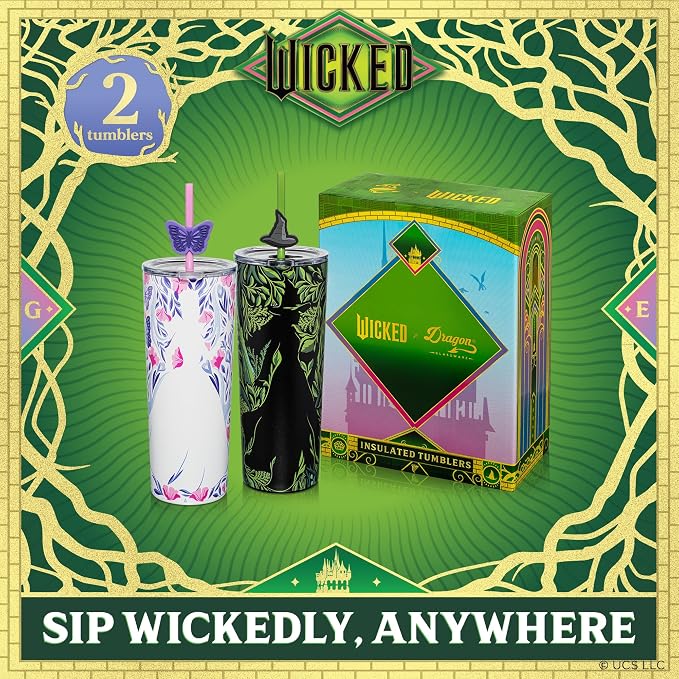 Dragon Glassware x Wicked: For Good Tumbler, 24 oz 2-Pack - Shadows | Set of 2 Vacuum Insulated Stainless Steel Wicked Cups with Lids & Straws; With Straw Charm; Official Wicked Merch - Image 2