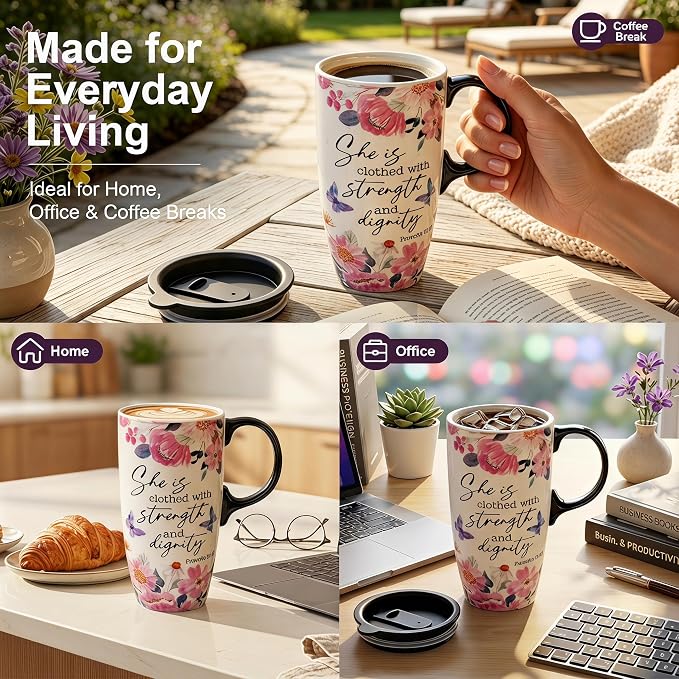 Topadorn Christian Mug Gift Set of 2, 17oz Ceramic Travel Mug | Proverbs 31:25 & Joshua 24:15 Bible Verse Coffee Cups, Gift Boxes Included - Image 6