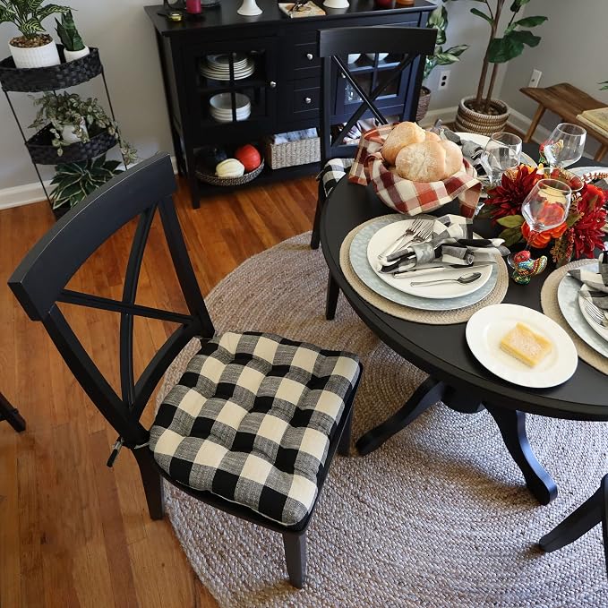 Barnett Home Decor Dining Chair Pad with Ties - Buffalo Check Size Small 15 x 17 - Latex Foam Filled Cushion, Reversible, Made in USA (Black & White) - Image 2