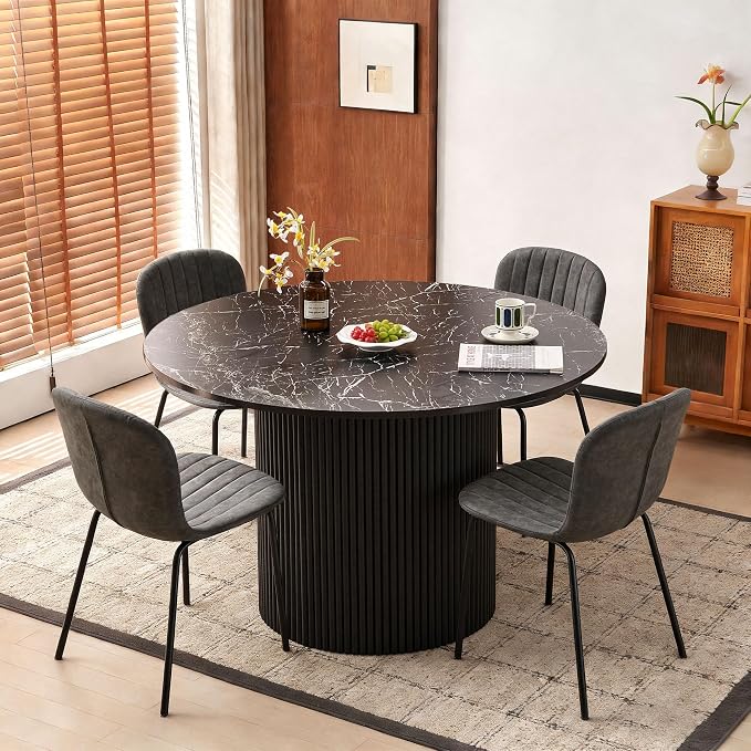 Dining Table Set for 4, 47 Inch Mid Century Modern Faux Marble Round Kitchen Table and Chairs, Space-Saving Small Dinette Set (Black Table+4 Grey Chairs) - Image 5