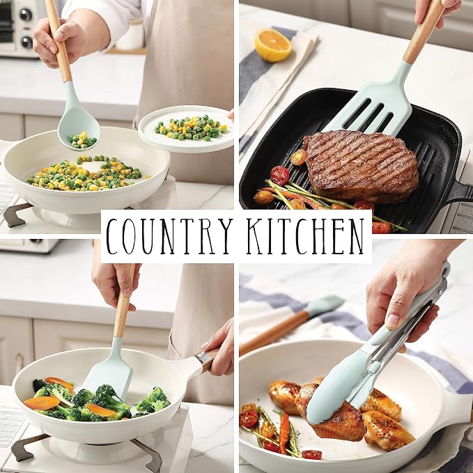 Country Kitchen Non Stick Silicone Utensil Set with Rounded Wood Handles for Cooking and Baking, 38 Piece Set, Mint - Image 6