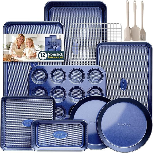 12-Piece Ceramic Coated Nonstick Baking Set, Oven Safe Bakeware - Blue | Bakeware Set Including Cake Pan, Muffin Tray, Loaf Pan, Square Pan, Roaster, Cookie Sheet, Cooling Rack and Baking Utensils by SlowSLog