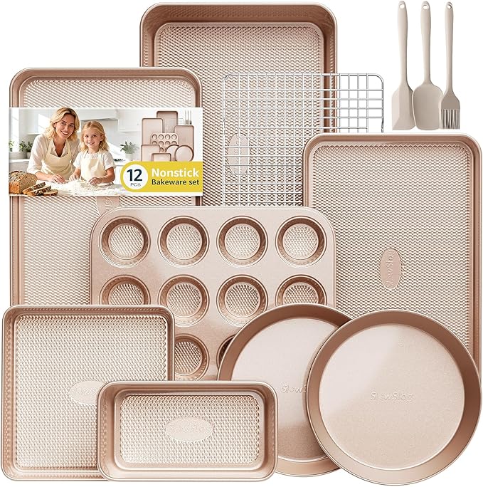 12-Piece Nonstick Bakeware Set with Baking Pan - Ceramic Coated Gold | Baking Set with Baking Pan, Cake Pan, Muffin Pan, Loaf Pan, Square Pan, Roasting Pan, Cookie Pan, Cooling Rack & Utensils by SlowSLog