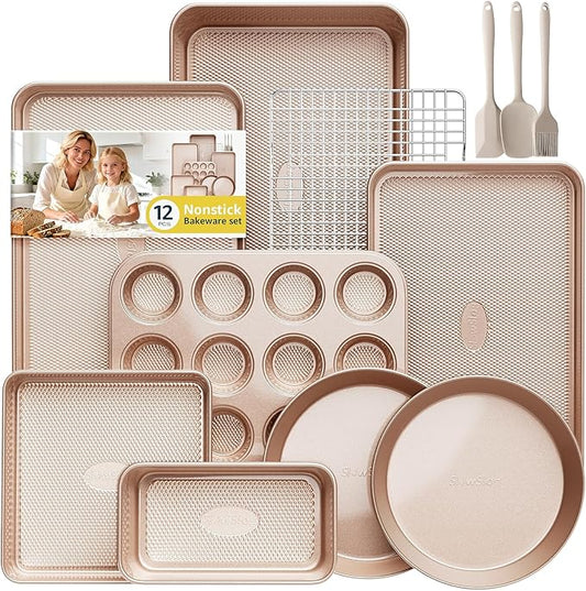 12-Piece Nonstick Bakeware Set with Baking Pan - Ceramic Coated Gold | Baking Set with Baking Pan, Cake Pan, Muffin Pan, Loaf Pan, Square Pan, Roasting Pan, Cookie Pan, Cooling Rack & Utensils by SlowSLog