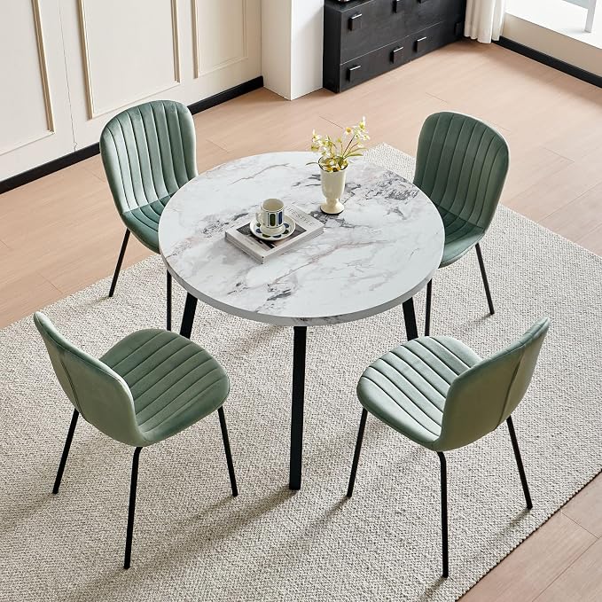 Small Round Dining Table Set for 4 People, 37" Modern Kitchen Table | 5-Piece Set, Faux White Marble MDF table, 4 Green Velvet Chairs, Easy Assembly, Space-saving, Fits Small Dining Room - Image 2
