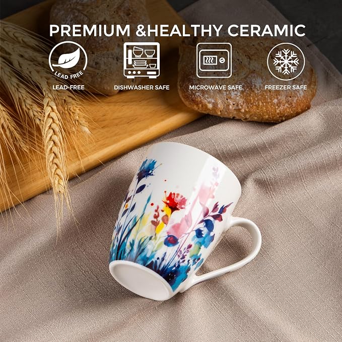 GBhome 12oz Coffee Mugs Set fo 6, Ceramic Coffee Mugs with Decaled Flowers for Man Woman Mom Dad, Light Weight Coffee Mugs Set for Latte/Cappuccino/Cocoa/Milk, Dishwasher & Microwave Safe - Image 6