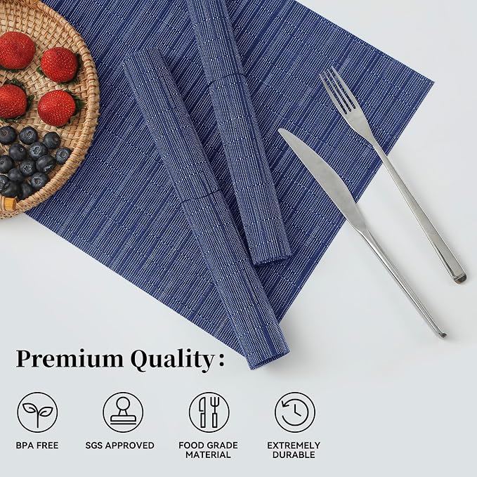 Leetaltree Blue Placemats Set of 4 - Heat Resistant Non-Slip Place mats for Dining Table, Washable Durable PVC Vinyl Woven Table Mats（Blue, 4） - Image 2