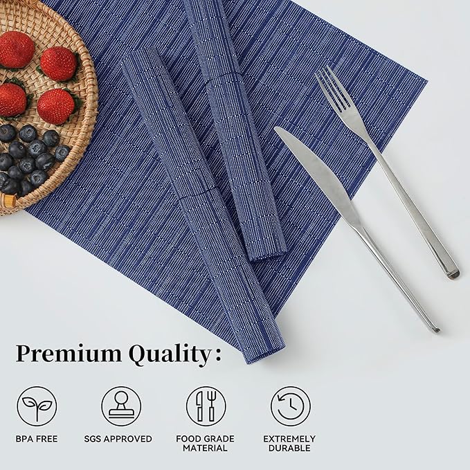Leetaltree Blue Placemats Set of 8 - Heat Resistant Non-Slip Place mats for Dining Table, Washable Durable PVC Vinyl Woven Table Mats（Blue, 8） - Image 2