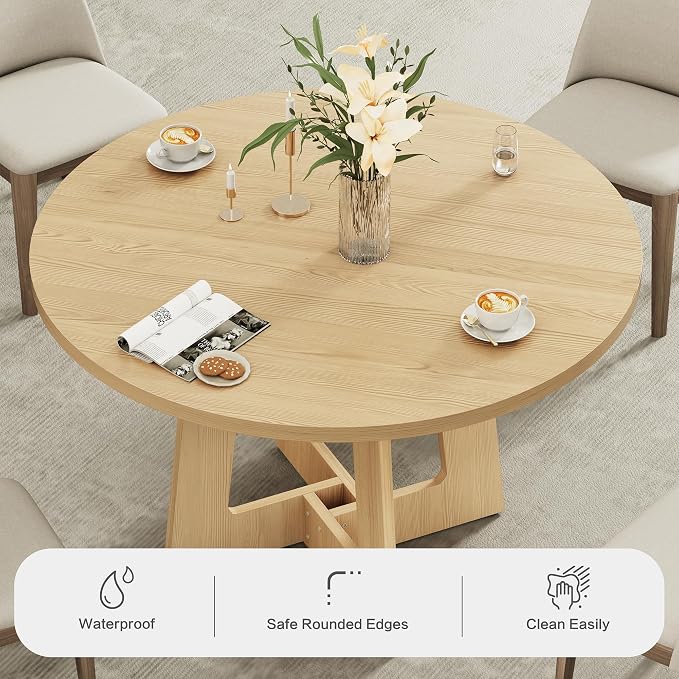 Round Dining Table for 4, Farmhouse Kitchen Table, Wooden Circle Table, 300lb Capacity & Easy Assembly for Home Dining Room Kitchen Living Room (Natural Oak) - Image 4