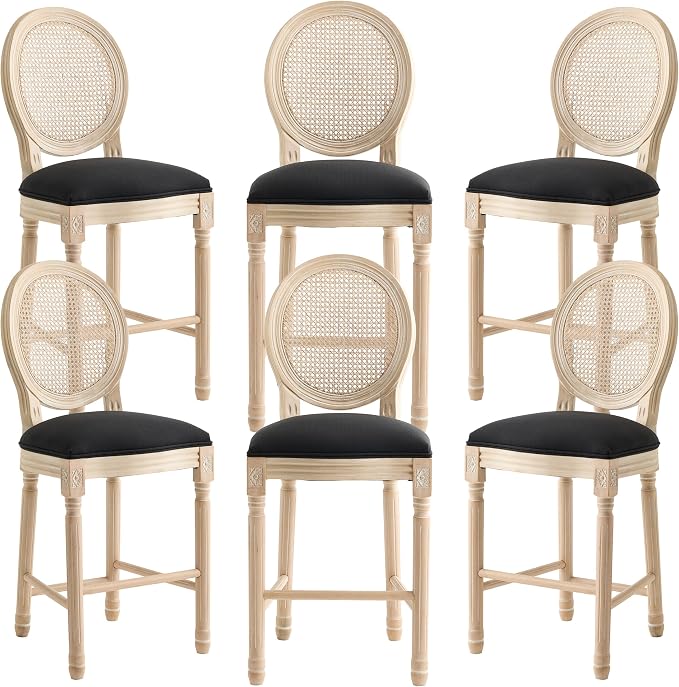 French Country Barstool, Linen Farmhouse Counter Height Chair | Set of 6, with Rattan Round Back and Solid Wood Legs, Oval Chairs for Restaurant, Bar, Kitchen, Café, Black by RCDDFurniture