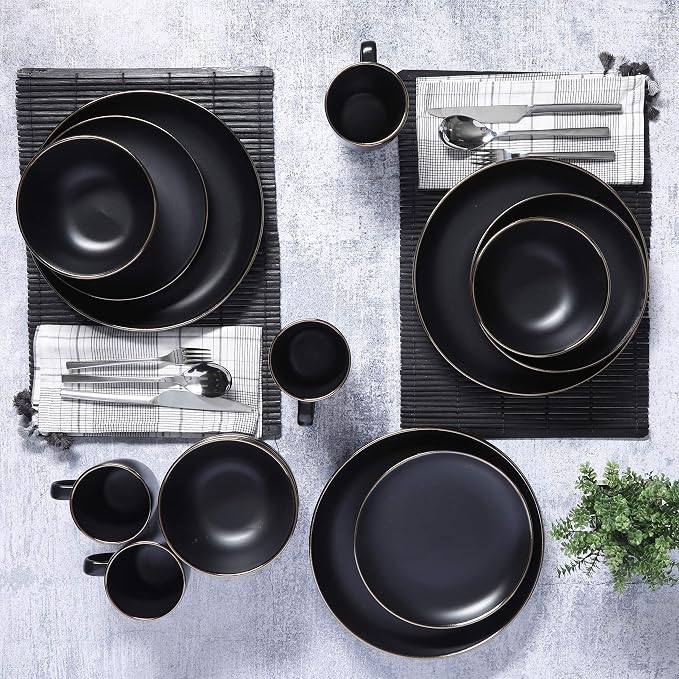Gibson Home Rockaway 16-Piece Round Stoneware Dinnerware Set, Service for 4 – Black with Gold Rim Plates and Bowls, Microwave & Dishwasher Safe - Image 6