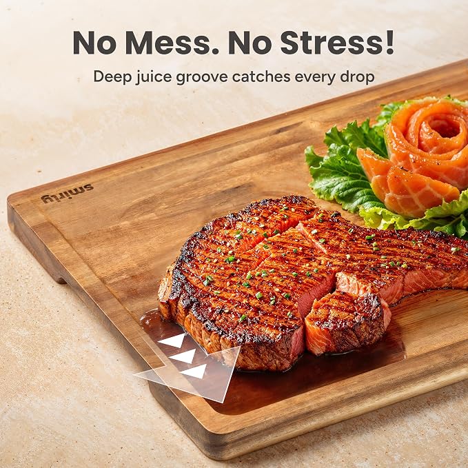 SMIRLY Cutting Boards for Kitchen, 3 Piece Acacia Cutting Board with Stand | Non Toxic Cutting Board with Juice Grooves and Handles, Multiple Sizes Wood Chopping Board for Meat Vegetable Charcuterie - Image 3
