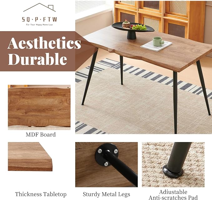 Rectangle Dining Table Set for 4 with Grey PU Leather Chairs | 5-Piece Mid-Century Modern Set, Irregular MDF Table, Wood Grain, Space-Saving for Small Spaces, Dining Rooms, Easy Clean - Image 8
