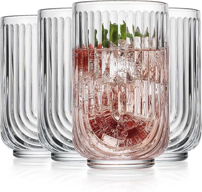 Glaver's Vintage Glassware Art Deco Glasse Ribbed Drinking Glasses U-Shape Arch Design Colored Cocktail Kitchen Tumblers Everyday Dinner Decorative Party (Clear S/4 17oz) by Glavers