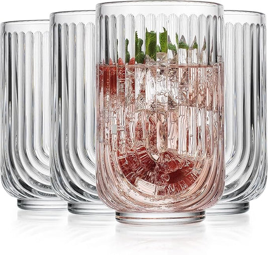 Glaver's Vintage Glassware Art Deco Glasse Ribbed Drinking Glasses U-Shape Arch Design Colored Cocktail Kitchen Tumblers Everyday Dinner Decorative Party (Clear S/4 17oz) by Glavers