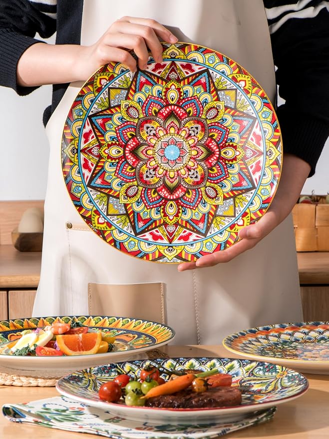 Henten Home Dinner Plates Set of 6, 10.5 Inch Porcelain Plate, Colorful Bohemian Serving Dishes for Kitchen, Pasta, Salad, Decorative, Microwave & Dishwasher Safe - Image 6