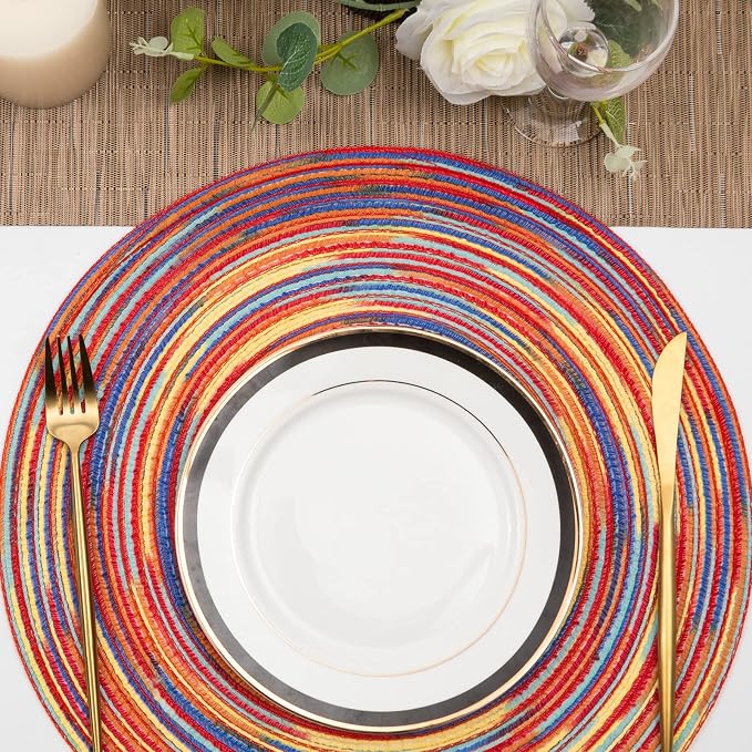 SHACOS Round Braided Placemats Set of 4 Variegated Colorful Placemats for Dining Tables Holiday Party Decor (Rainbow Red, 4) - Image 8