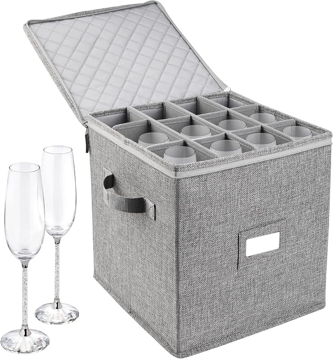 LotFancy Champagne Flute Storage Container, Hard Shell, Stackable, 12" Tall Wine Glass Storage Box with Dividers & Handles, Stemware, Crystal Glassware, Drinkware Case for Moving, Grey by LotFancy