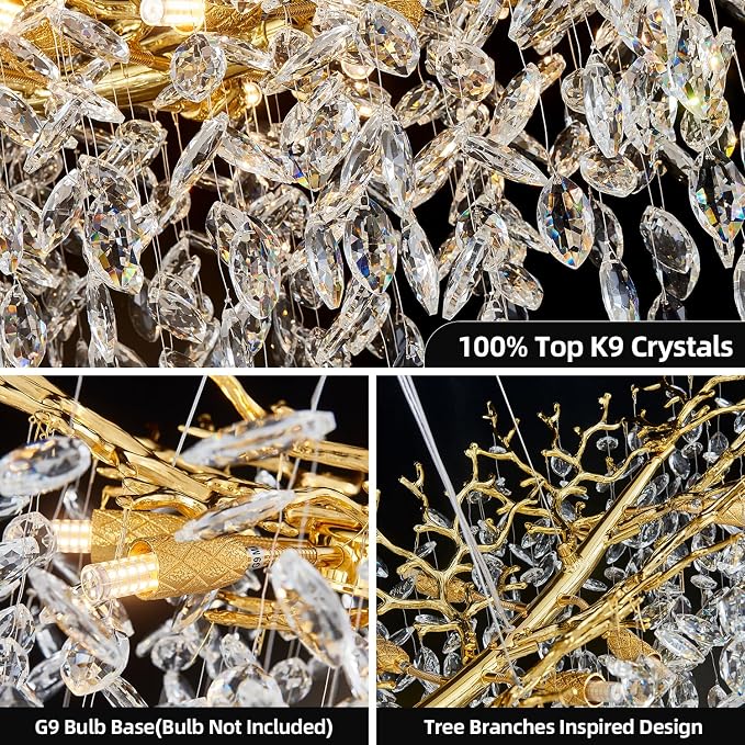 55" Crystal Tree Branch Chandelier Gold Rectangular Chandelier | 16 Lights Luxury Raindrop Chandeliers Modern Hanging Pendant Light Fixtures for Dining Room Kitchen Island Living Room - Image 6