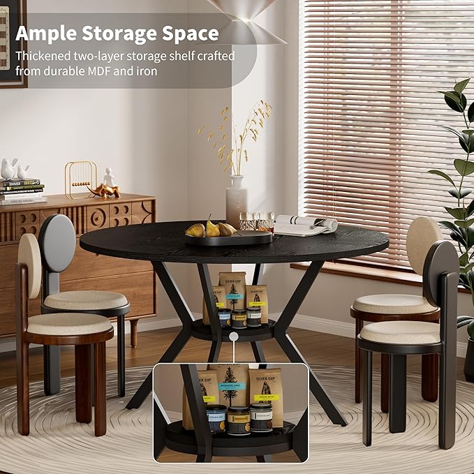 Black Dining Table for 2-4, 42 Inch Round Kitchen Table with Storage, Wooden Circle Dinner Table with Metal Legs, Rustic Mid Century Modern Dining Room Tables for Kitchen, Living Room, Dining Room - Image 2