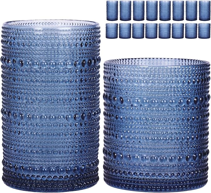 Moretoes Blue Hobnail Drinking Glasses Set of 16,Glass Cups | 12 Oz Highball Glasses & 10 Oz Cocktail Glasses, Kitchen Bar Tumbler Glassware Set for Whiskey, Beer, Juice, Milk by Moretoes